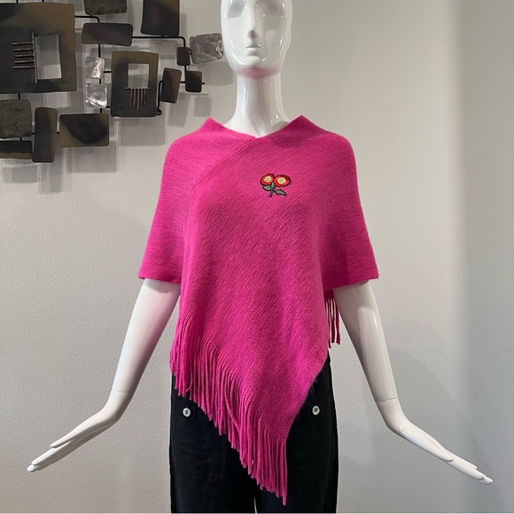 Womens V Neck Slub Knitted Poncho Shrug One Size Embroidered & Fringed - Picture 7 of 11